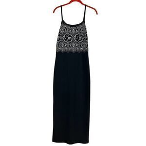 Vtg 90's P.S. Black Spaghetti Stretchy Strap Side Slits Maxi Dress